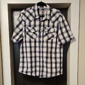POINT ZERO  Navy & White Plaid Short Sleeve Button-Down Shirt